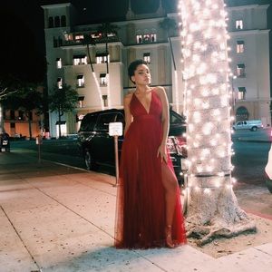 Red Double Slit Tulle Dress